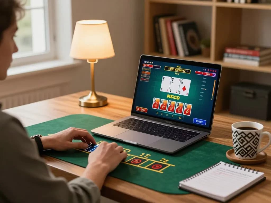Player using a laptop for online gaming at 27G casino, showcasing dynamic blackjack action.