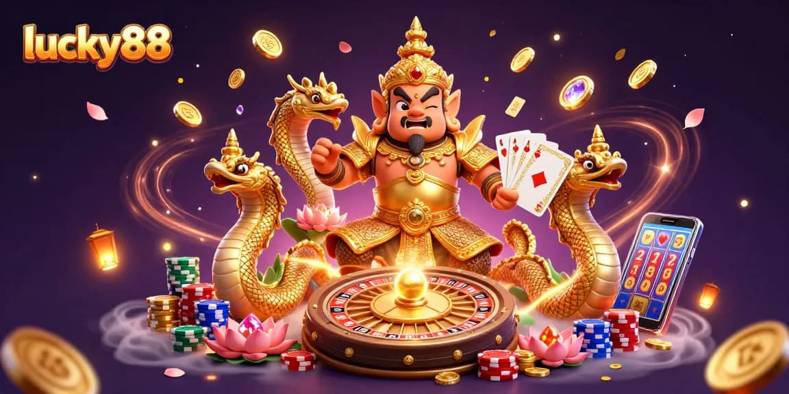 Spin the reels on lucky88 with vibrant symbols and cascading coins in this engaging slot illustration.