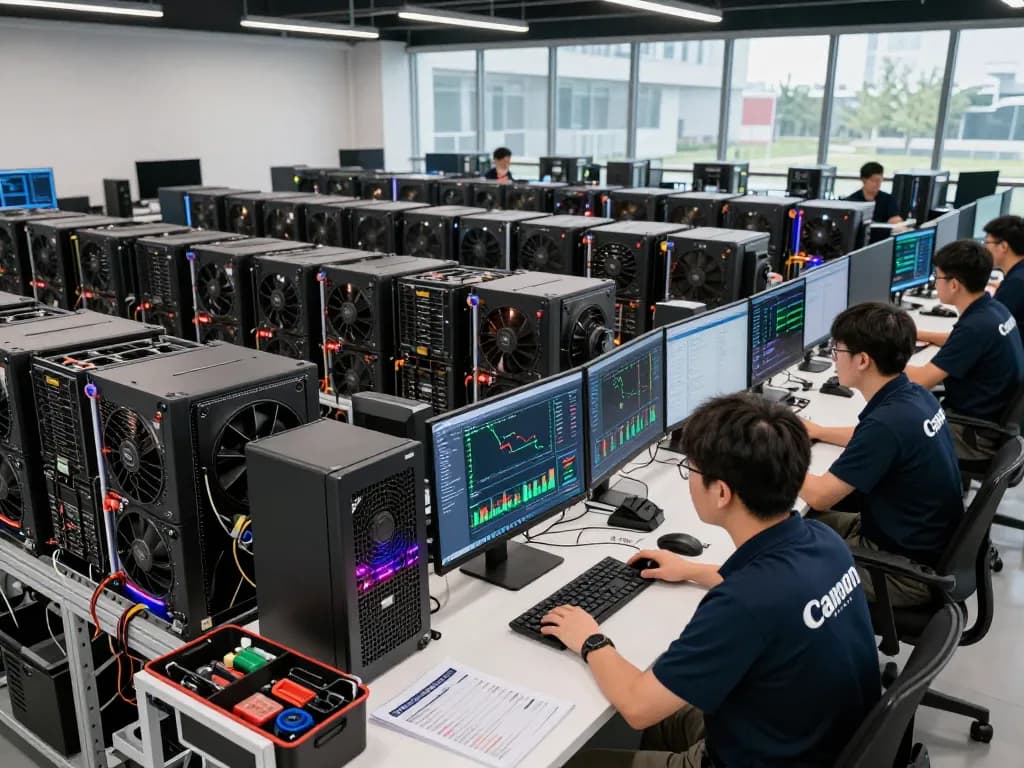 Otimize sua eficiência de mineração com o firmware VNISH para mineradores ASIC em uma agitada fazenda de criptomoedas