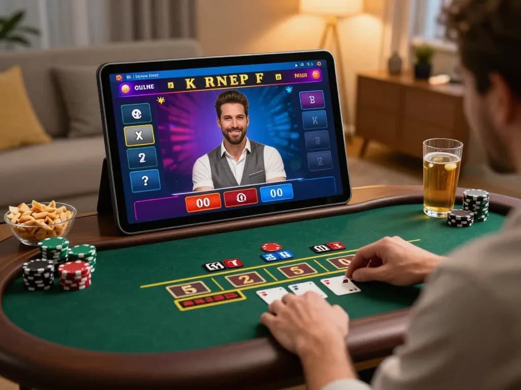 Player engaging in strategic gameplay on 40WIN blackjack app in a cozy home environment