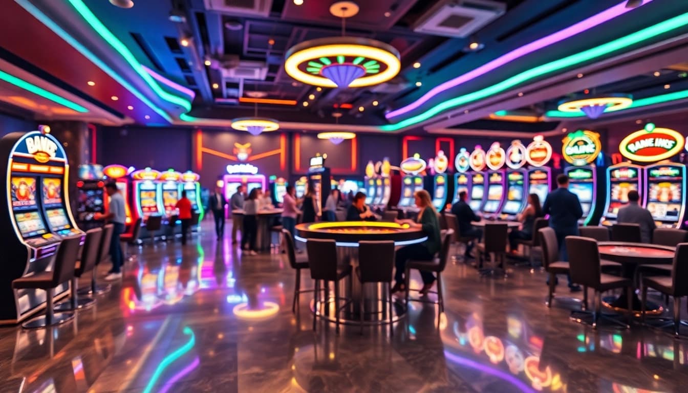 Vibrant scene of casinos en ligne with excited players at roulette and slot machines.
