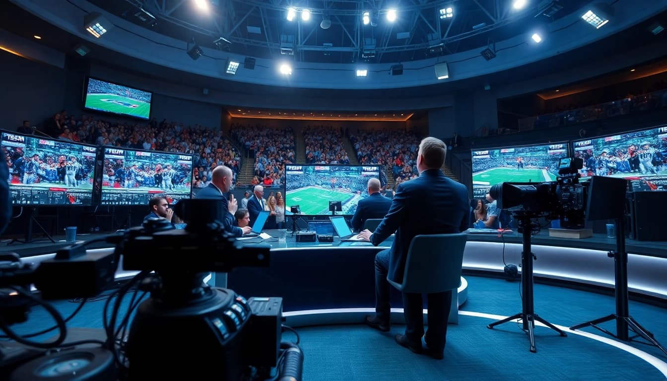 Engaging sports broadcasting studio with anchors discussing live sports events.
