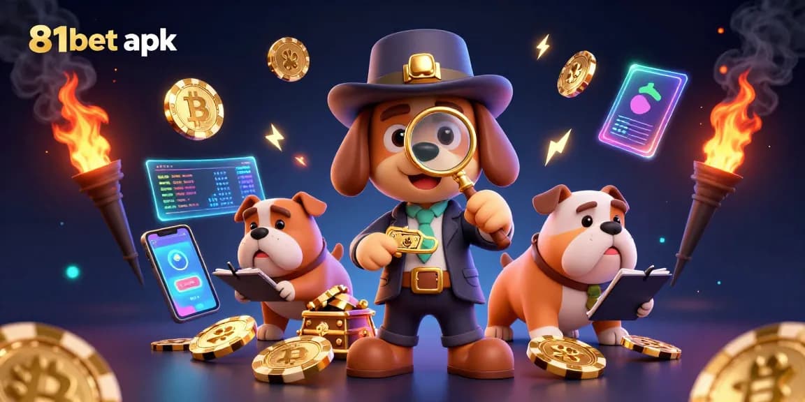Engage with 81bet apk as the cartoon detective investigates poker clues in a vibrant casino scene.
