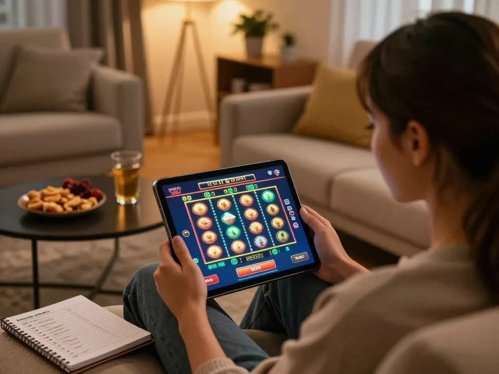 Enjoying online slots at https://rikvip09.com/ from a cozy home setting, with a notebook full of strategies.