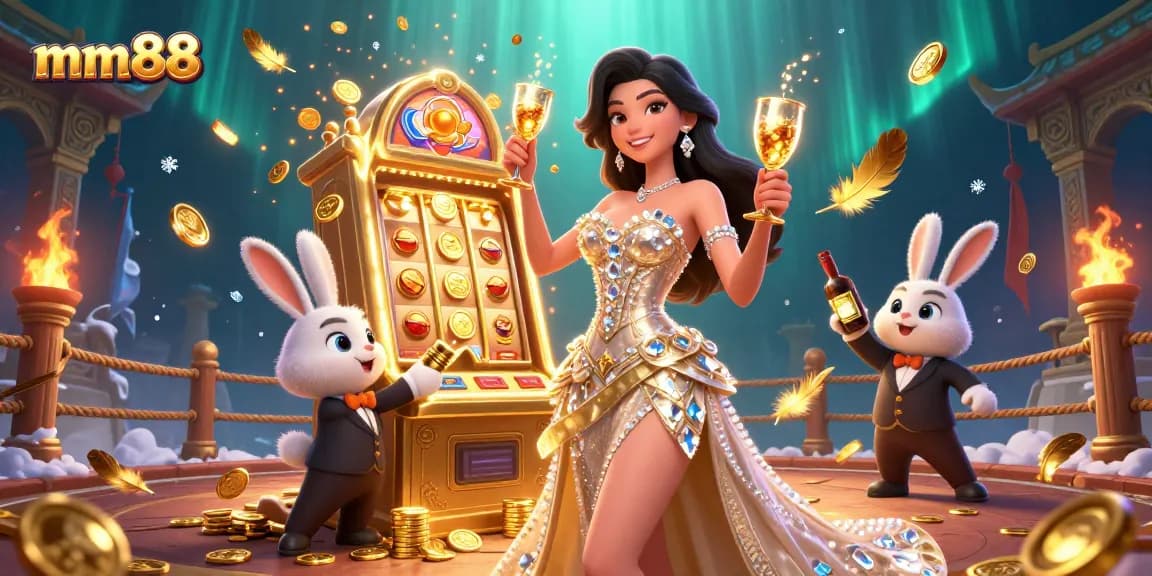 Experience mm88's thrilling jackpots with a glamorous woman and cartoon bunny croupier in a vibrant casino scene.