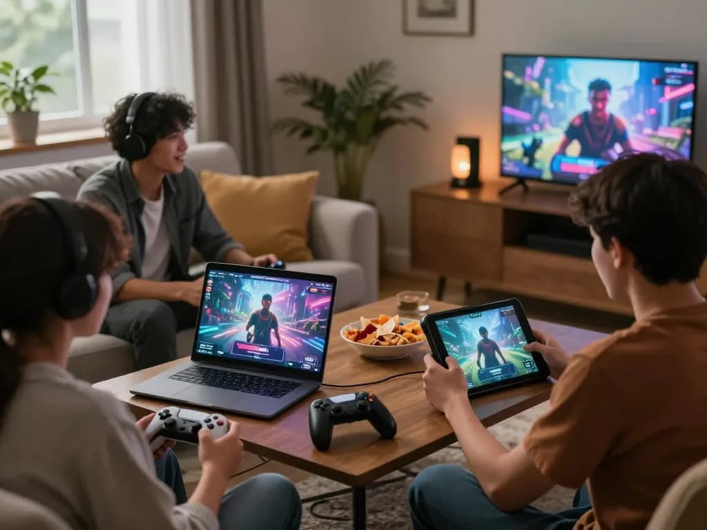 Players enjoying an adult game on a laptop and tablet in a cozy gaming environment.
