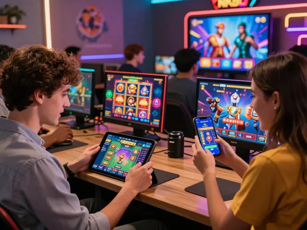 Exciting NK88 app gaming moment with diverse players celebrating wins in a modern lounge.