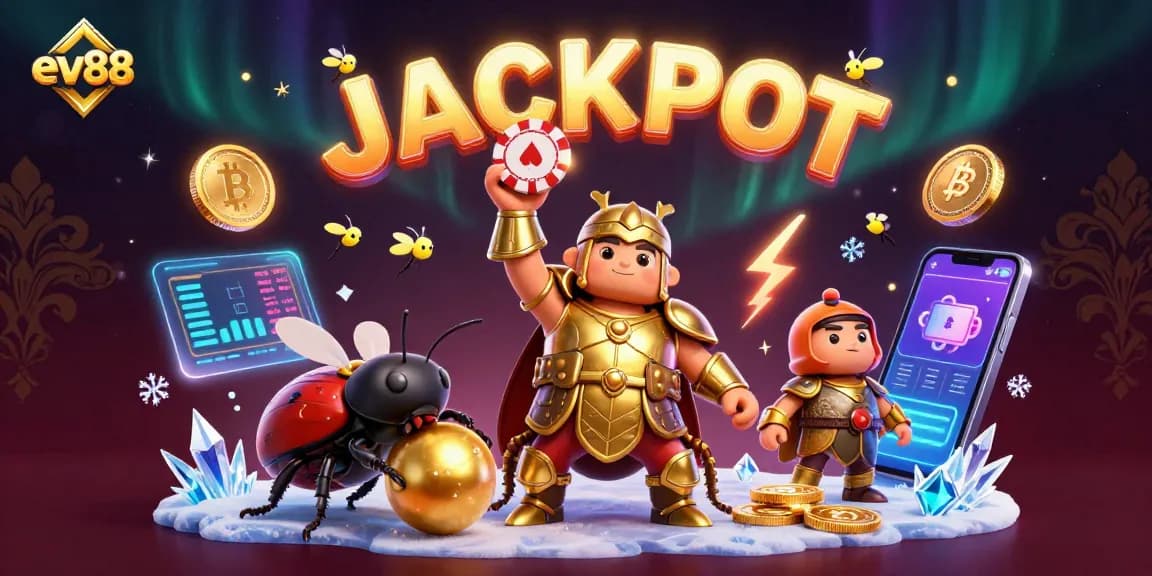 ev88 casino-themed 3D illustration featuring unique beetles celebrating a jackpot with vibrant elements.