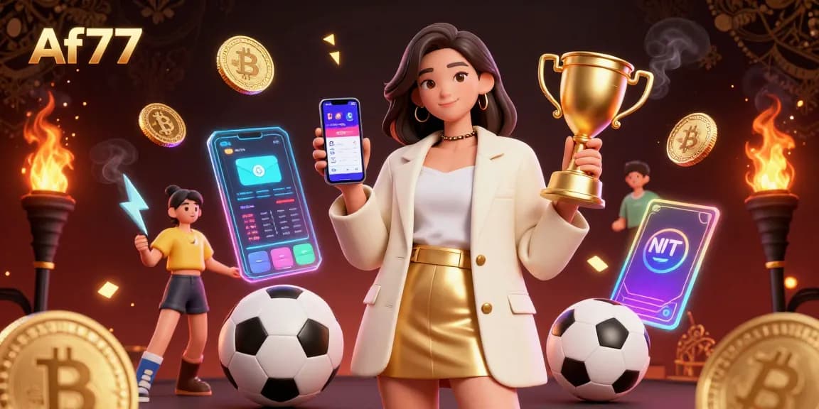 Bet on your favorite sports with Af77, featuring a friendly Asian woman showcasing betting on a smartphone.