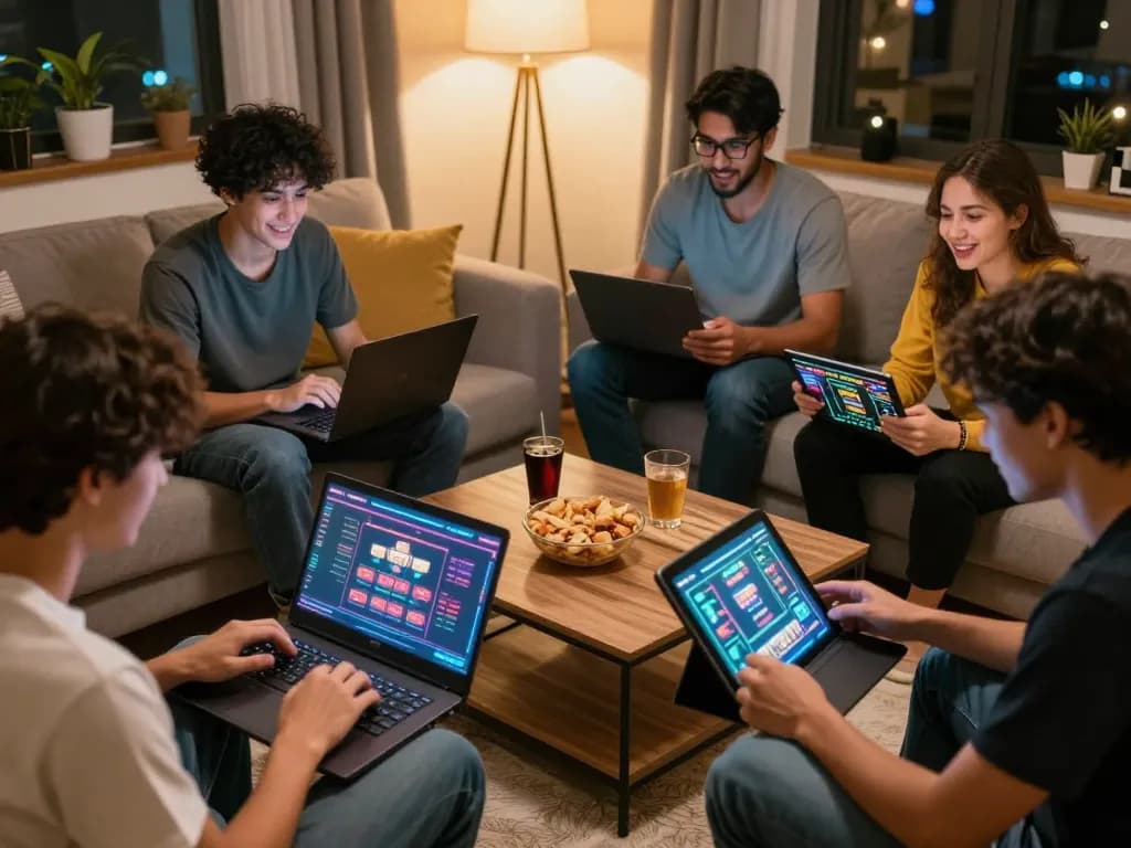 Players enjoying an online gaming session on nohu90 with laptops and bright screens in a cozy home setting.