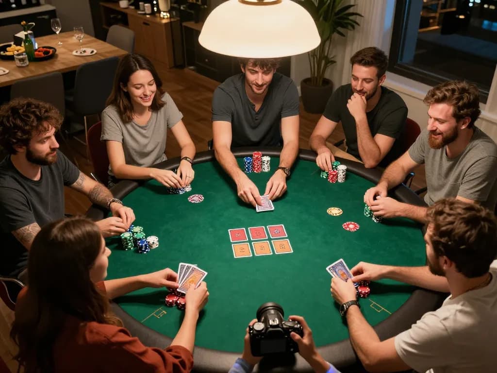 Players engaging in a lively home poker game, featured on https://33cc.info/ showcasing strategic betting moments and colorful chips.