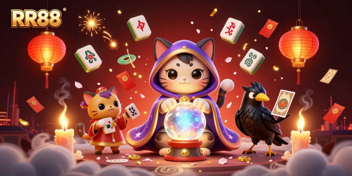 RR88 players winning with a mystical cat fortune teller and magical gaming elements.