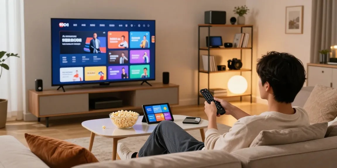 Uma pessoa assistindo o melhor IPTV do Brasil em um confortável sofá na sala.