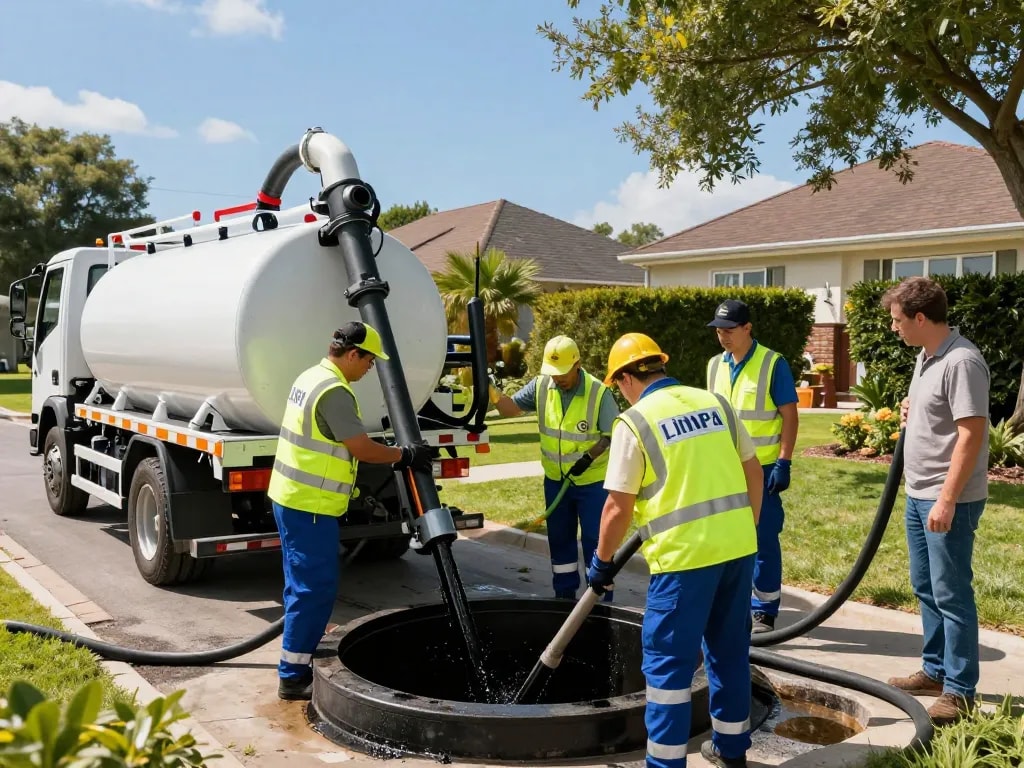Limpa fossa em São Paulo services with a professional team performing septic tank cleaning in a residential neighborhood.