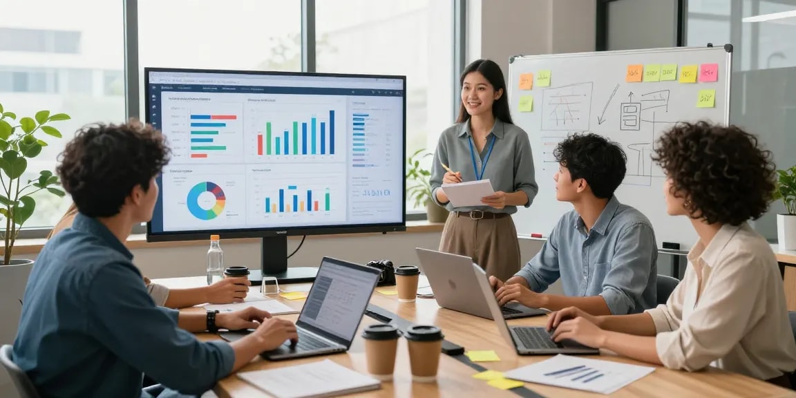Equipe discutindo estratégias multicanais em ambiente moderno.