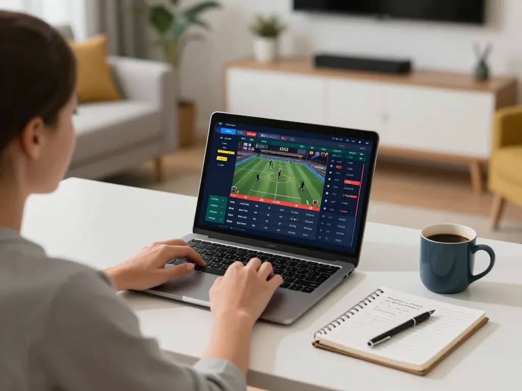 Engaging in sports betting on https://uu88.blog/ using a laptop, showcasing strategic thinking and responsible gaming.