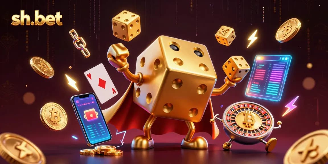 Engage with sh-bet's vibrant casino scene featuring golden dice and crypto elements, all packed with excitement.