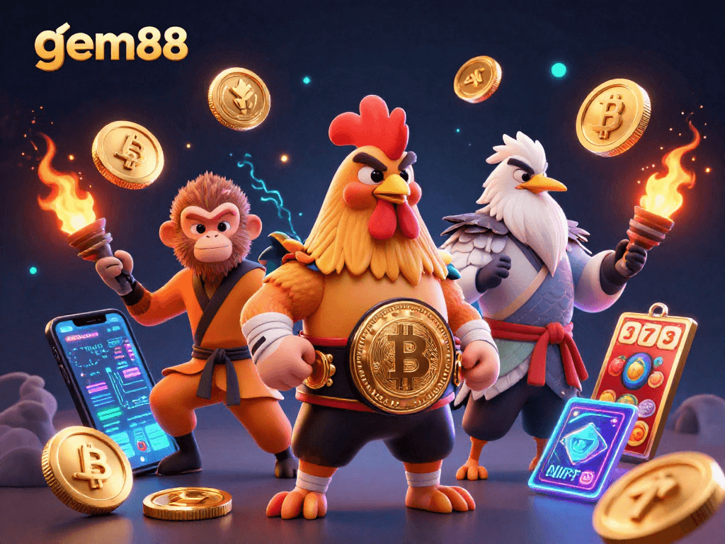 Engage with gem88 in an ultra-detailed scene featuring animated characters and crypto elements.