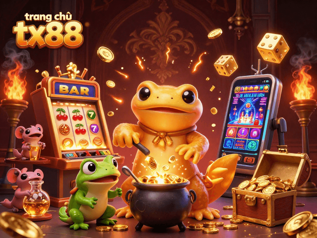 Experience the captivating world of trang chủ tx88 with golden salamanders, slot machines, and treasure in this vibrant casino scene.