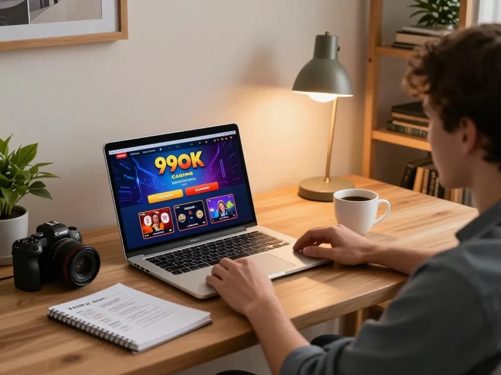 Player enjoying an engaging casino game on 99ok platform, surrounded by strategic notes and a cozy atmosphere