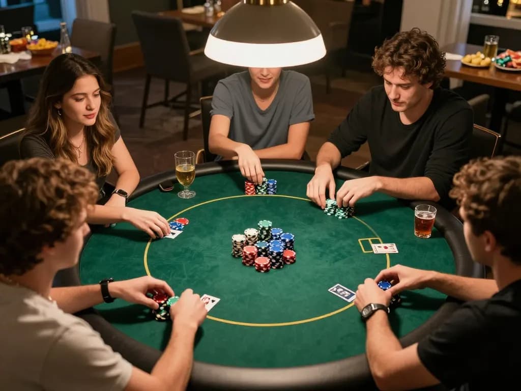 Friends enjoying a lively poker game at home while strategizing their bets on C168.