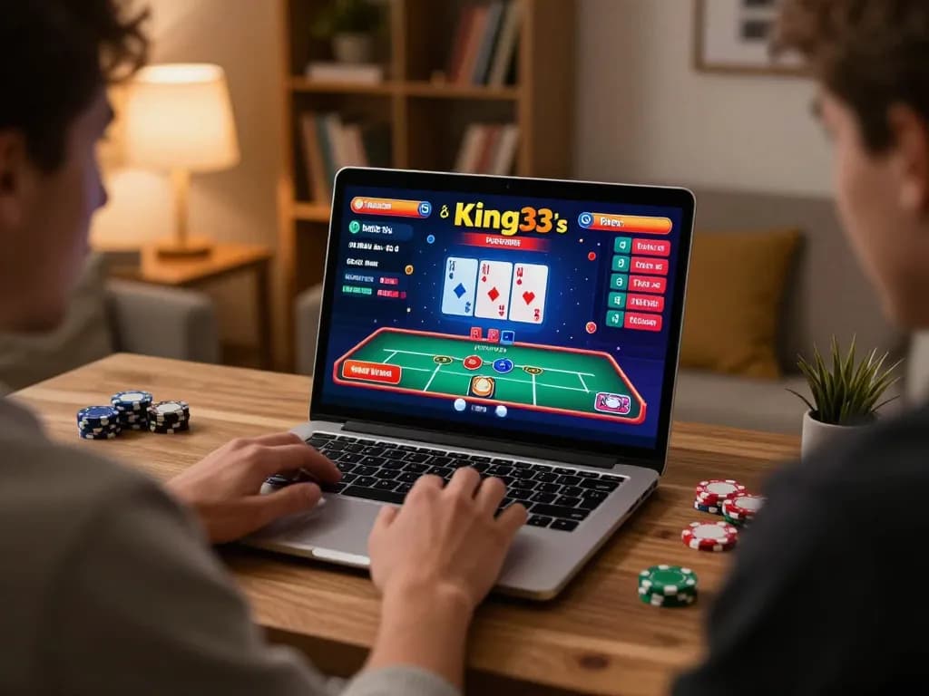 Player enjoying king33 live dealer game on laptop in cozy home office setting.