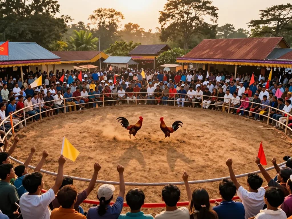 Watch đá gà trực tiếp campuchia with passionate fans and intense rooster battles in a vibrant arena.