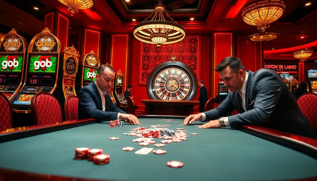 Go8 poker players strategize at a luxurious casino table with vibrant poker chips.