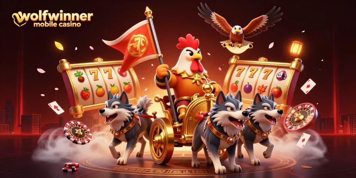 Experience excitement at wolfwinner mobile casino with a vibrant 3D cartoon scene of games and champions.