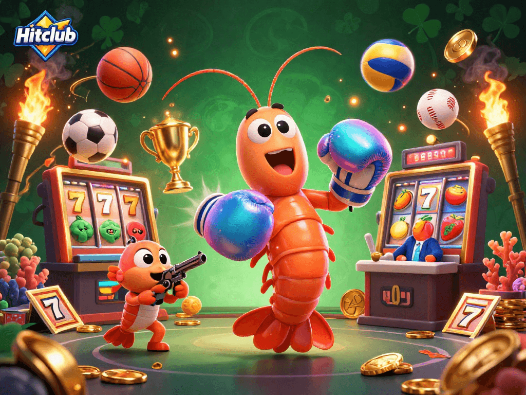 Hitclub showcases an exciting scene with a mantis shrimp and its friends among vibrant slot machine reels, flying sports balls, and a golden trophy.