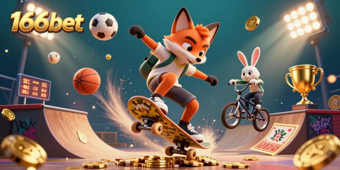Experience the thrill of winning with 166bet's vibrant casino-themed illustration featuring a skateboarder fox.