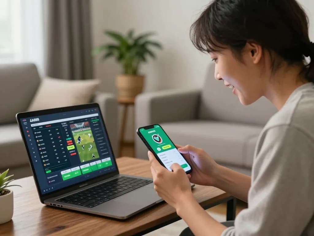 Experience the excitement of sports betting with the AA888 app on a smartphone in a cozy home setting