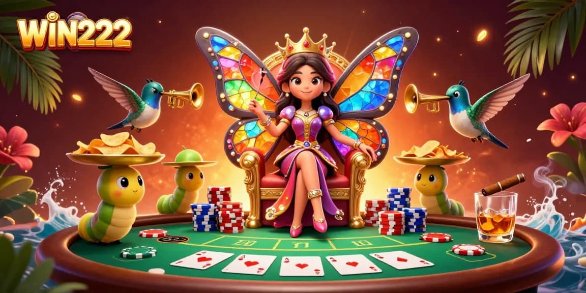 Play thrilling games at WIN222, featuring a vibrant casino scene with poker elements and a majestic butterfly queen.