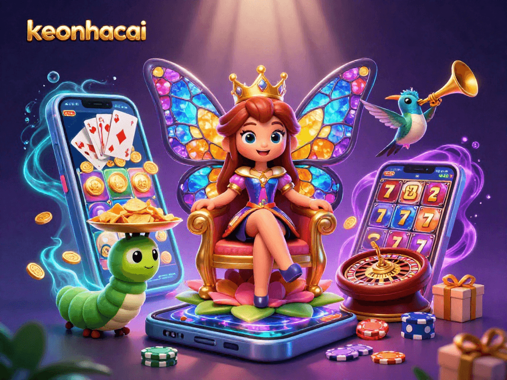 Experience the magic of keonhacai with vibrant casino elements and a colorful butterfly queen.