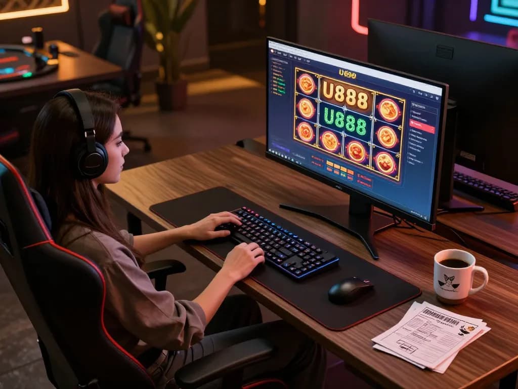 Player engaging with U888 online casino interface in a stylish home gaming setup.