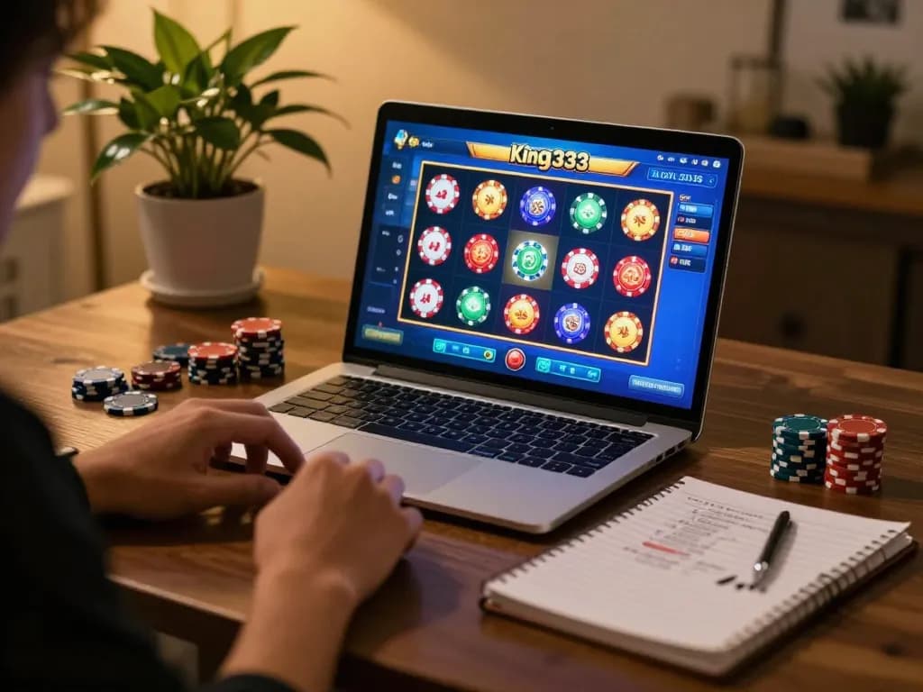 Player engaging in a thrilling King333 slot game on a laptop, with strategic notes and poker chips visible