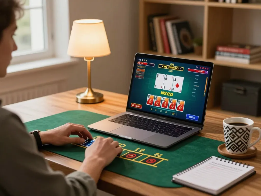 Player using a laptop for online gaming at 27G casino, showcasing dynamic blackjack action.