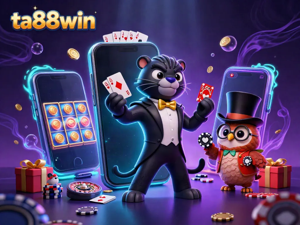 Experience thrilling gaming with ta88win as a panther deals cards and friends celebrate in a vibrant casino.