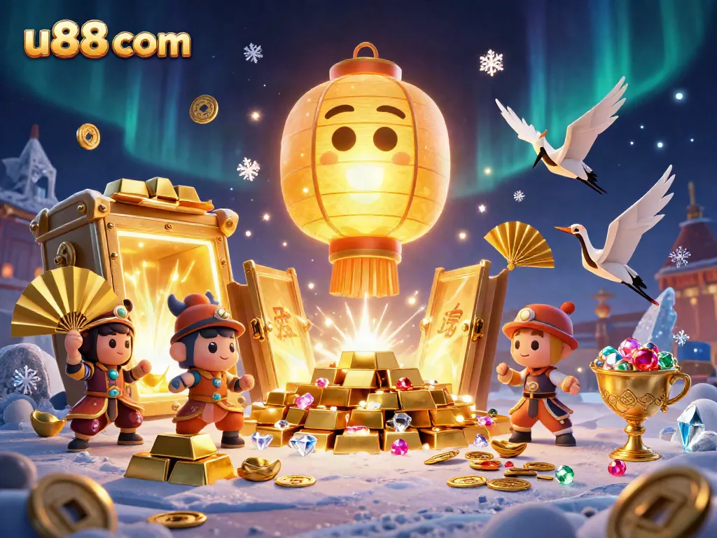 Spin, win, and discover treasures at u88 com with a vibrant 3D casino scene filled with golden riches.