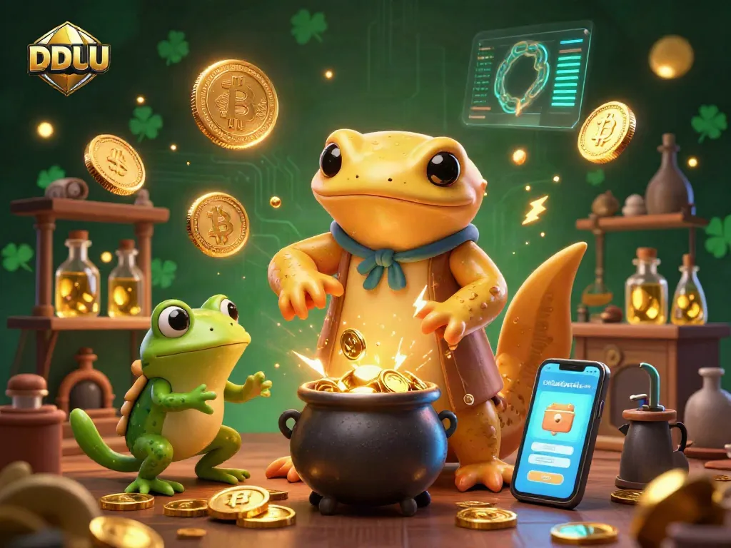 Engage in DDUU gaming excitement with a vibrant illustration of alchemy and crypto elements.