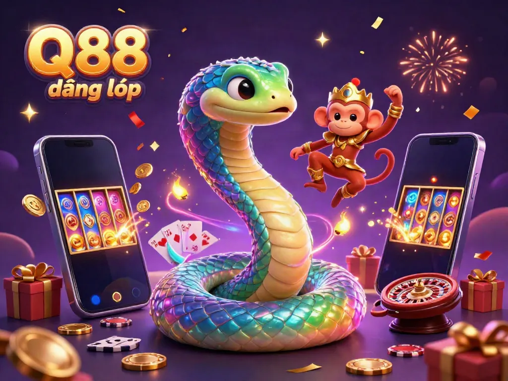 Engage in the excitement of Q88 đăng nhập with this vibrant illustration showcasing a rainbow serpent and monkey king surrounded by casino elements.