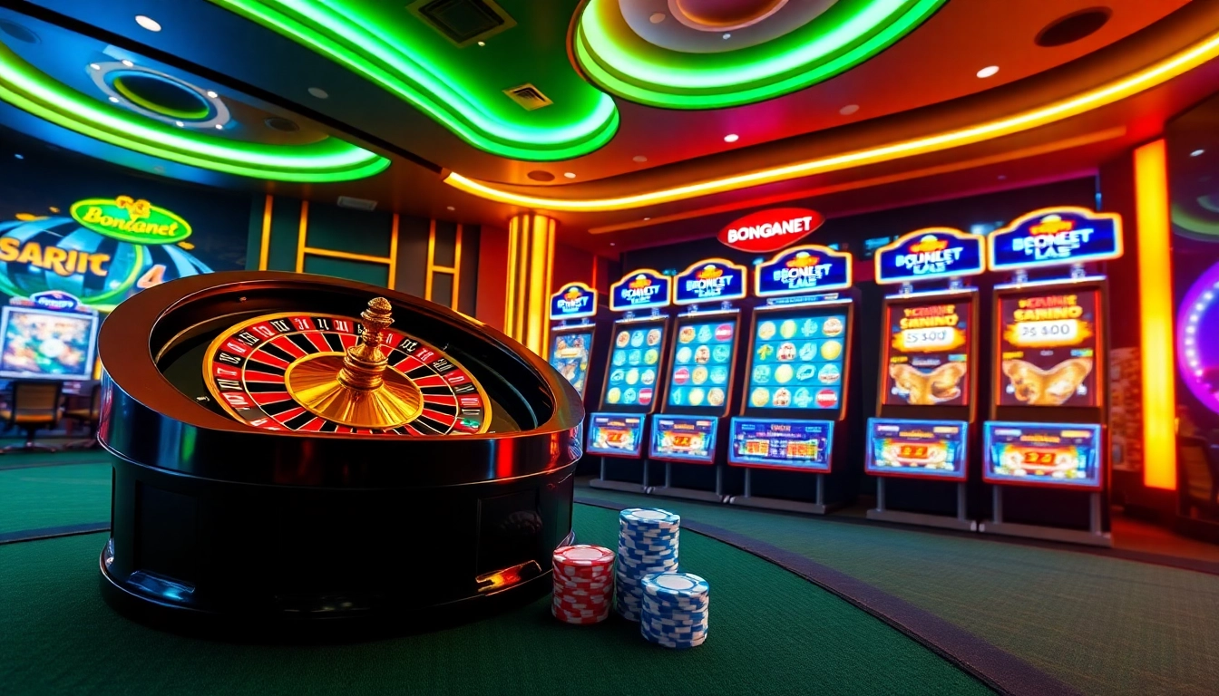BongdaNET offers an engaging online gambling experience with a vibrant casino scene featuring roulette, slots, and poker chips.