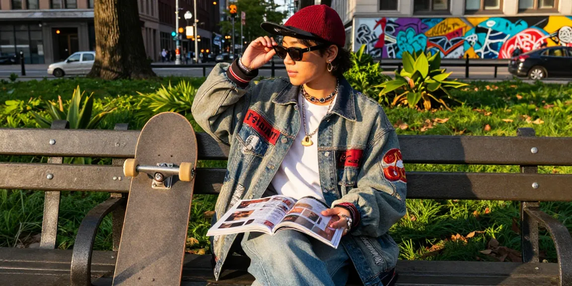 Person showcasing rokok 88 fashion style in urban park setting, vibrant outfit, and street art.