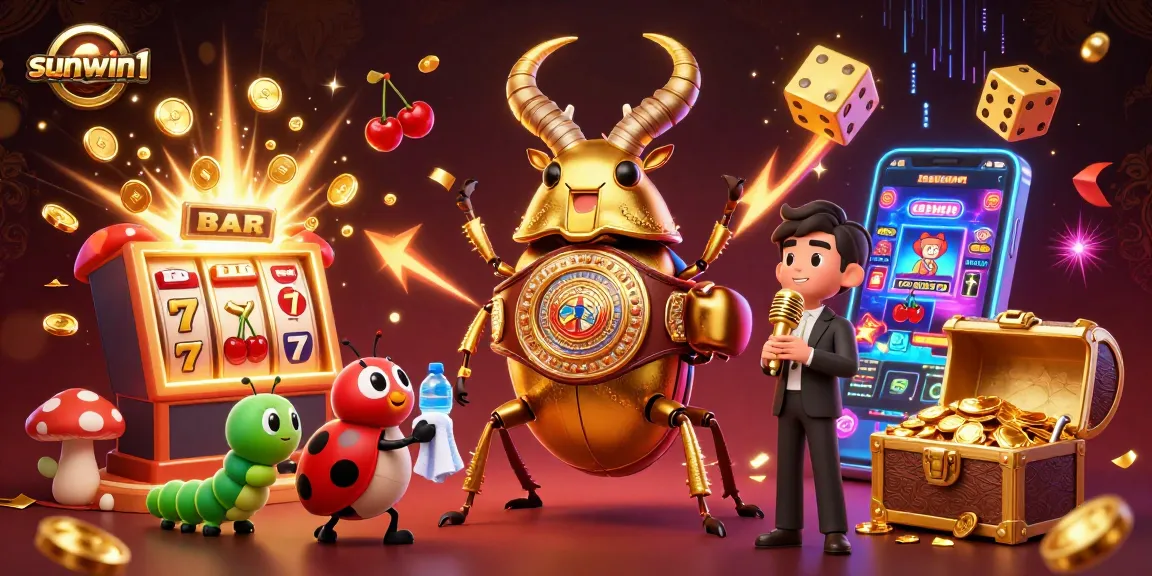 Experience the winning excitement at sunwin1 with a dynamic casino scene featuring 3D characters and vibrant game elements.