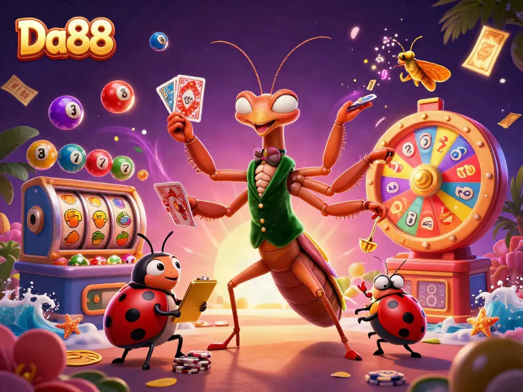 Join the thrilling action at Da88 with a giant mantis dealer and vibrant casino elements in an engaging atmosphere.