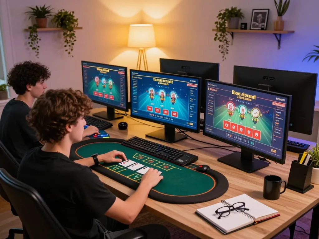 Engaging in game đổi thưởng on multiple screens in a stylish home office with strategic notes.