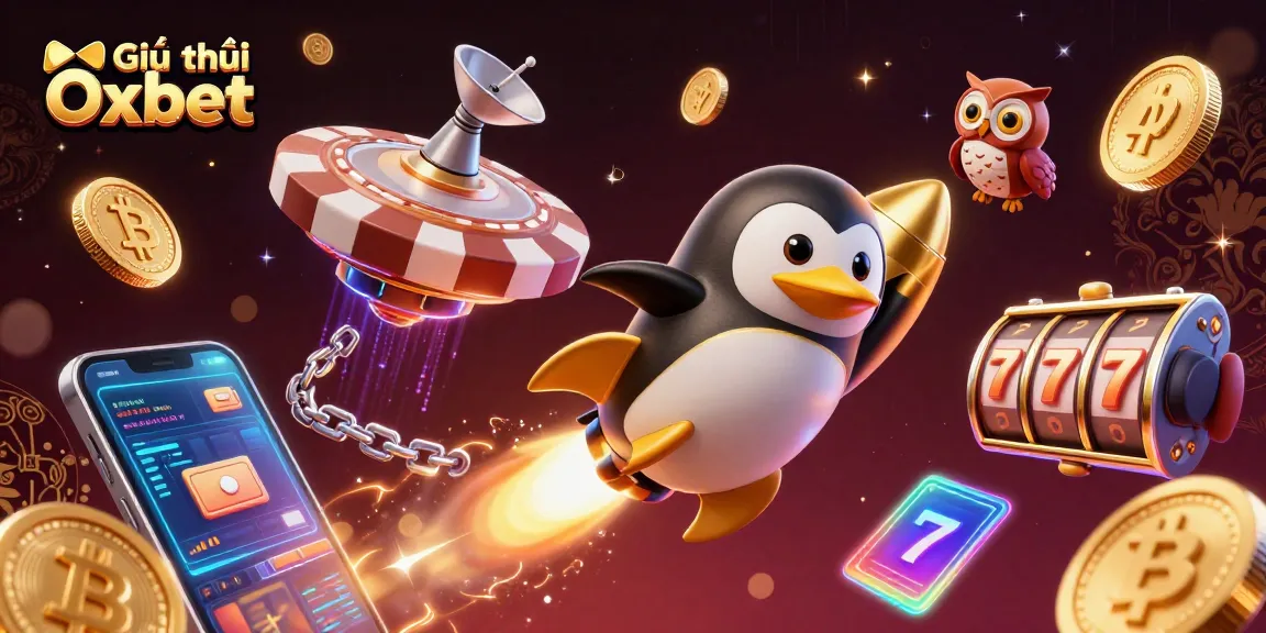 Engage with Giới thiệu Oxbet as a golden penguin rocket blasts toward a giant poker chip casino in space.