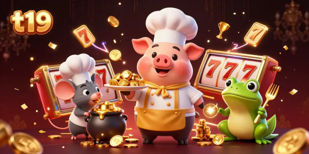 Join the action at t19 with a vibrant scene of a chef pig serving gold coins in a lively casino atmosphere.