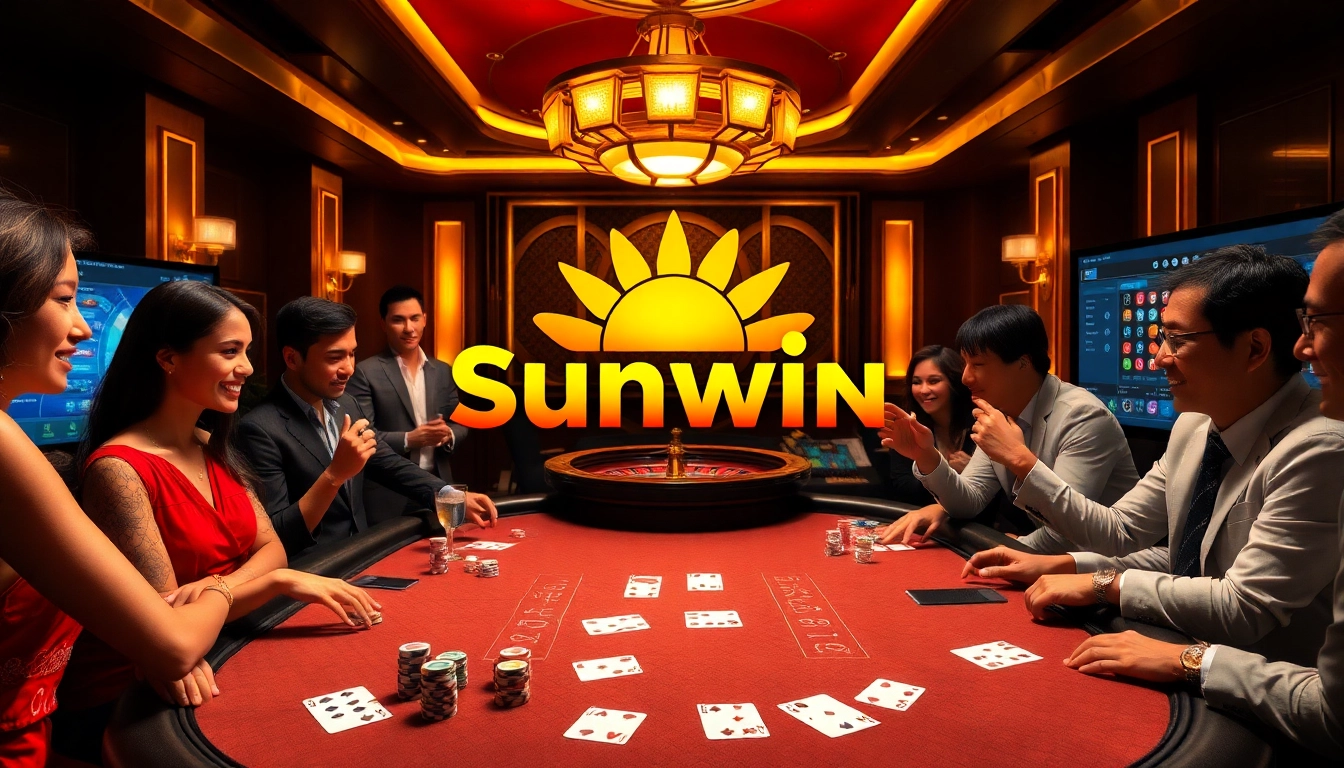 Players enjoying a thrilling sunwin poker game with vibrant chips and cards in a luxurious casino.