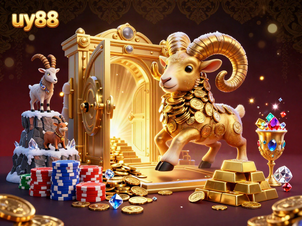 Experience excitement at uy88 with a dynamic 3D casino scene featuring golden riches and games.
